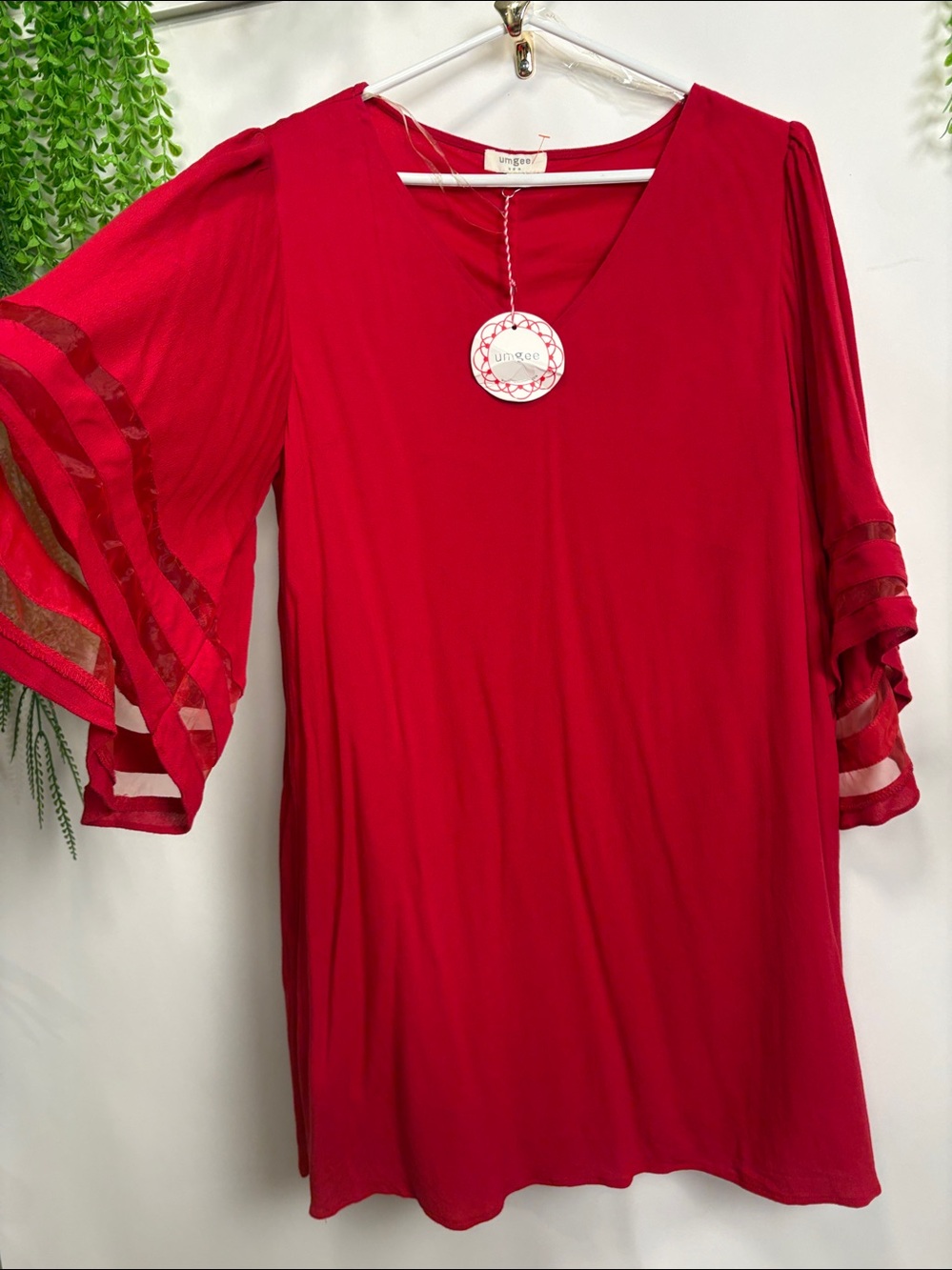 Umgee Women's Red V-Neck Dress  with Lace Sleeves